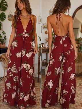 Free People + Love Project Burgundy Floral Wide Leg Halter Jumpsuit XS